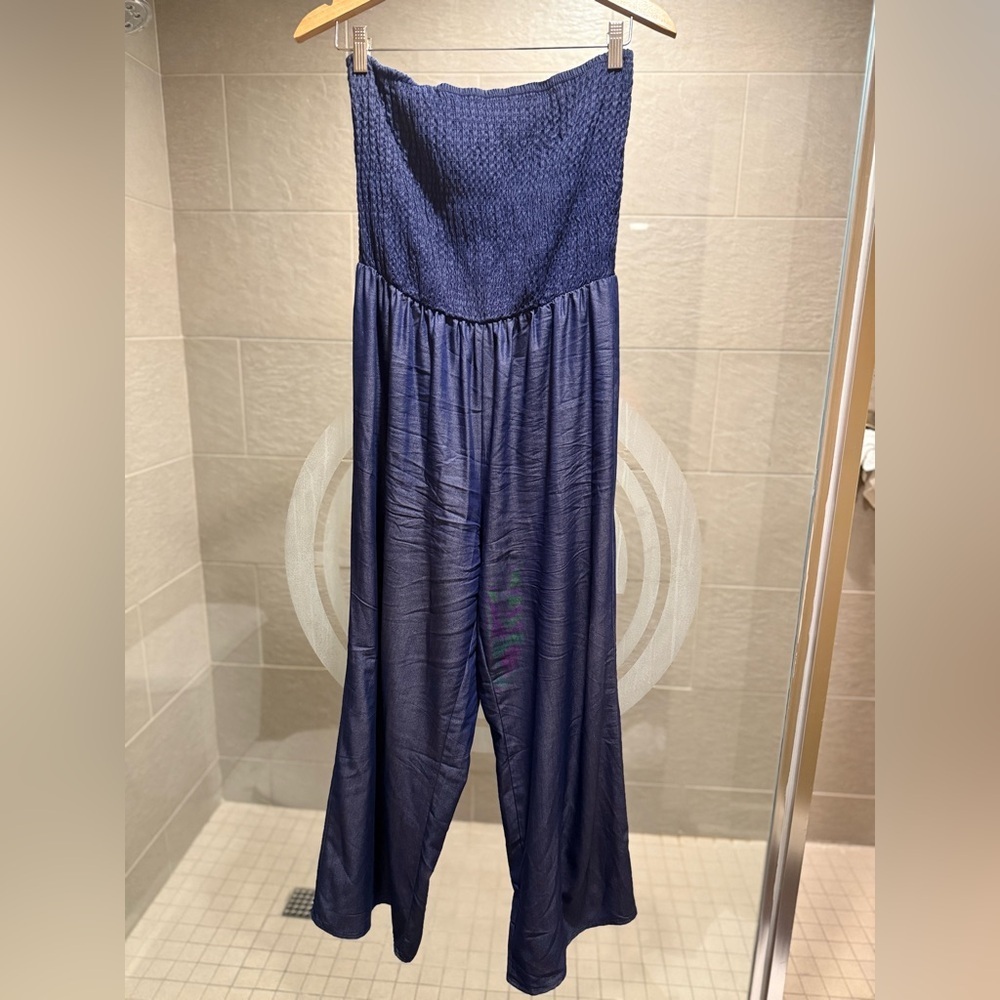 Mile Gabrielle Smocked strapless, wide-leg Dark Denim Color Fabric jumpsuit L - Picture 7 of 11